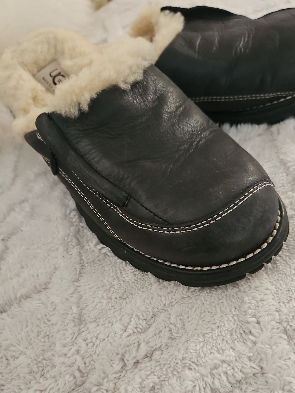 UGG Black Leather Shearling-Trim Slip-On Clogs